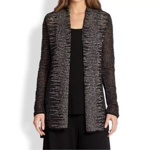 Eileen Fisher Open Front Wool Linen Cardigan Black Ivory Sheer Knit Lightweight